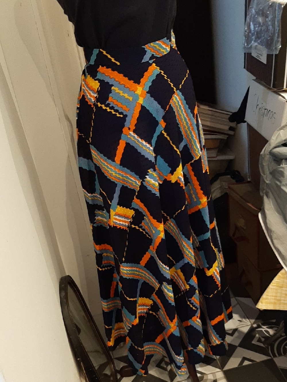 Vintage Helmut Etges MODELLE Germany Cotton Print Skirt Navy Orange Blue Small